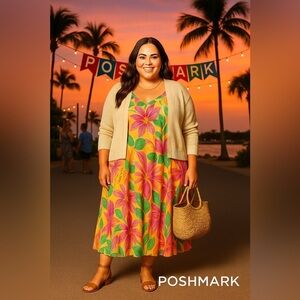 Skies Are Blue,Curvy,Tropical Maxi Dress Resort Sunset Party,Flowy,EUC,Size 2XL